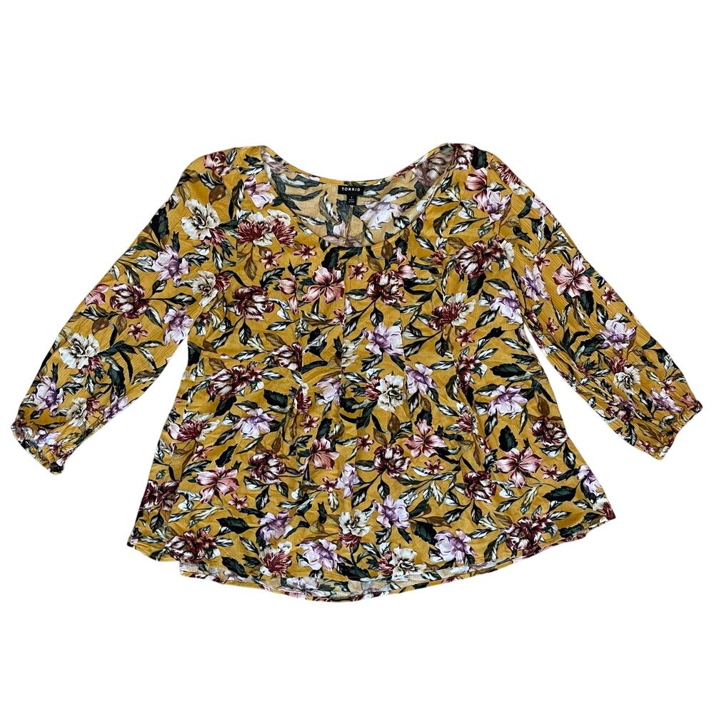 Torrid Mustard Floral Babydoll Blouse Size 1X 3/4 Sleeve Boho Stretch Top